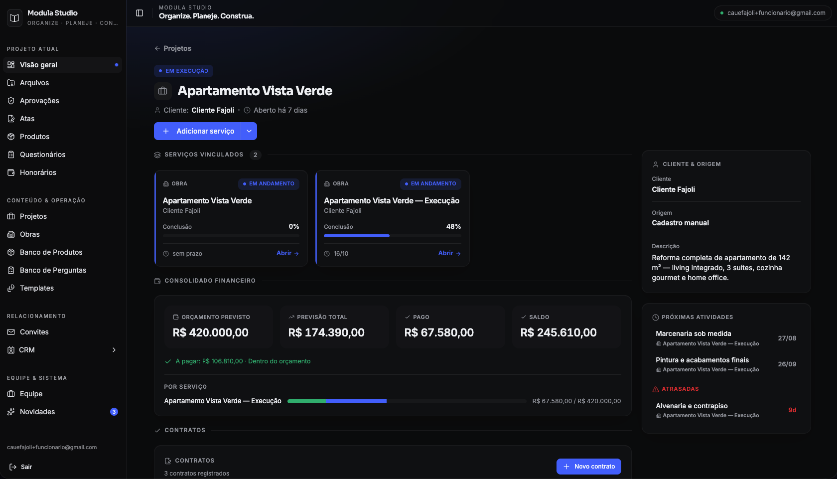 Painel do Modula Studio com projetos, cronograma e indicadores financeiros